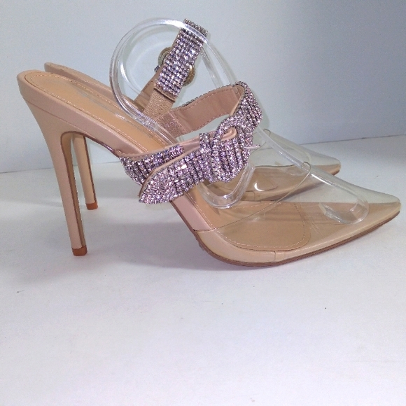 Rhinestone Buckle Strap Nude & Clear Slide On Heels Women's Size 10- NWOT - Picture 7 of 10
